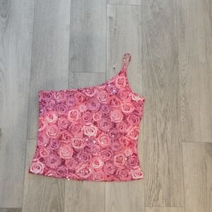 NWT Vintage Express One-Shoulder Rose Print Sequin Cami - Pink